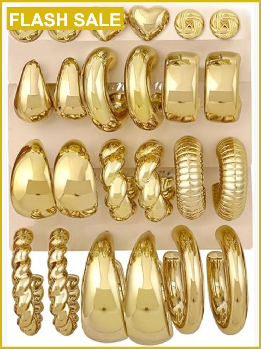 12 Pairs Chunky Gold Hoop Earrings Set, Hypoallergenic Lightweight Stack